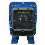 Pulsafeeder Pulsatron Series X explosion-proof pump front view with blue aluminum housing featuring rugged corrosion-resistant construction and explosion-proof control panel with Pulsatron X branding. Digital stroke rate dial from 0-100 visible through reinforced window. Class I Div 1 pump designed for hazardous locations with integrated diaphragm metering technology for safe chemical dosing. Heavy-duty blue mounting feet provide stable installation for this hazardous location chemical pump.