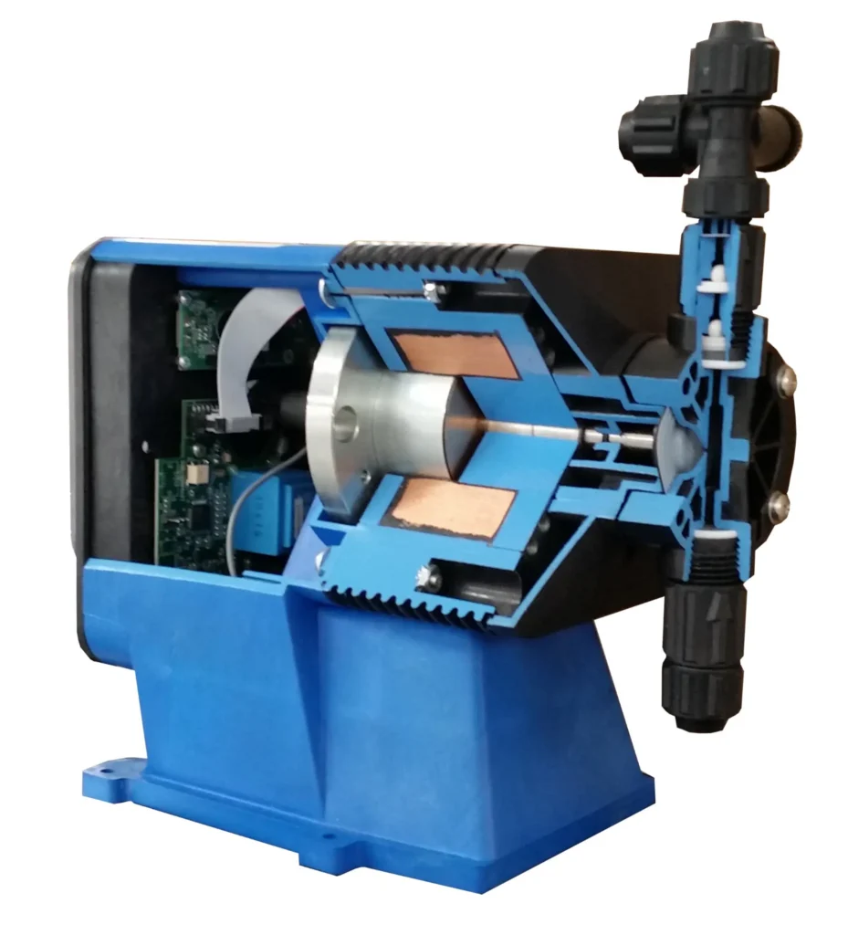 Cutaway diaphragm metering pump diagram revealing internal solenoid components and pump head assembly